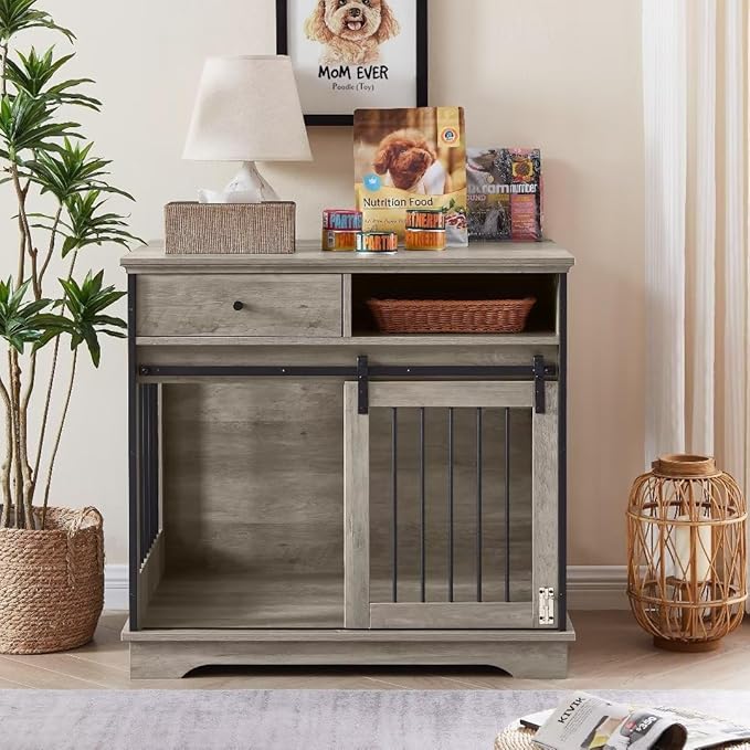 Dog Crate Furniture Wooden Dog Crate Table with Drawers Furniture Style Dog Cage with Side Door for Medium and Large Dogs,Grey,35.43" x 23.62" x 33.46"