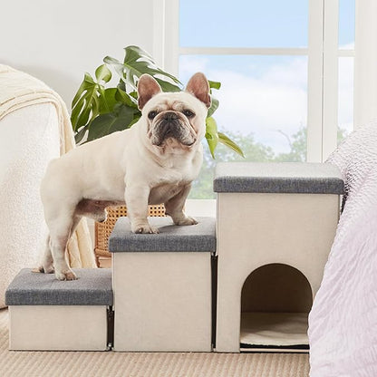 Love's cabin Dog Stairs for Small Medium or Large Dogs with Storage and Condo,Foldable Dog Steps for Bed or Couch,3-Step Gray Folding Cat Dog Ramp with Zip up to 210 lbs,Light Grey