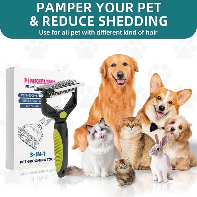 3-IN-1 Pet Grooming Tool - Undercoat Rake, Dematting Comb & Deshedding Brush for Cats & Dogs - Removes Mats, Tangles & Loose Fur, Reduces Shedding & Prevents Hair Mess (Green)