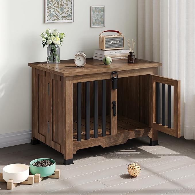 Wooden Dog Crate Furniture,Foldable and Portable Dog Kennel Furniture Indoor,Decorative Dog Crate End Table No Assembly.(Small,Maroon)