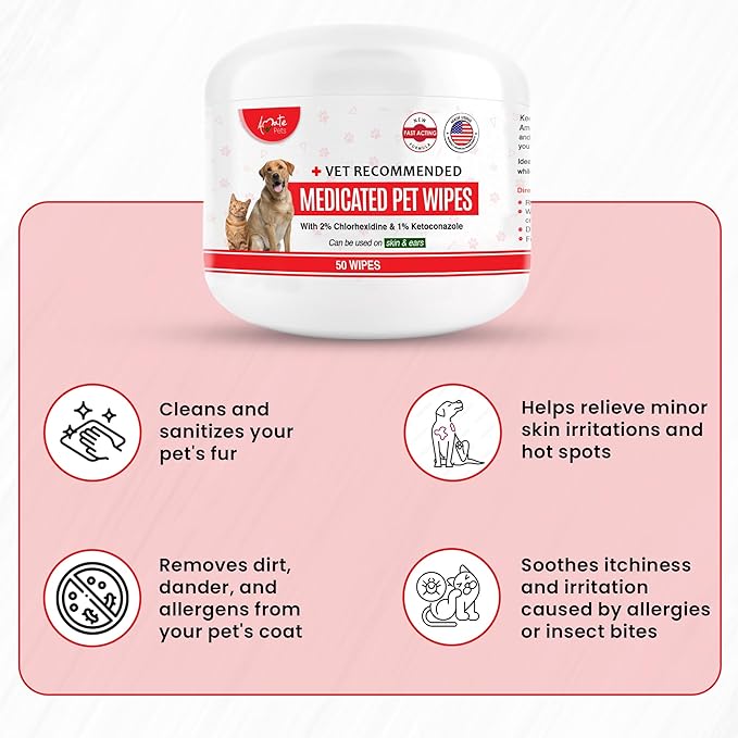 Amate Medicated Dog Wipes for Ear Skin & Coat - Pet Wipes for Dogs & Cats - 2.5 Small Wipes - Relieve Skin Issues, Hot Spots & Irritation - Pack of 50