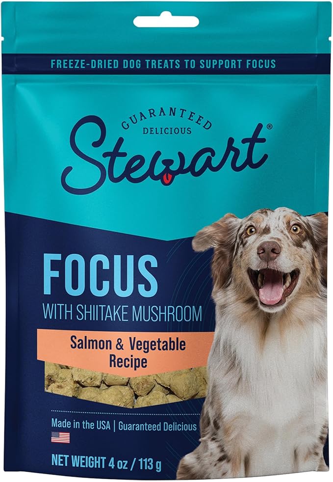 Stewart Freeze Dried Dog Treats, Salmon & Vegetable, Focus Treats, Cognitive Function, Grain Free, 4 Ounce Resealable Pouch, Made in USA