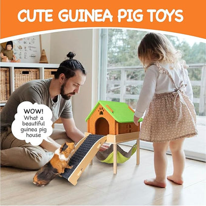 3 in 1 Enlarged Guinea Pig Hammock with House & Platform,Wooden Guinea Pig Hideout with Hammock & Stairs Small Animal Toys for Hiding Sleeping Activities