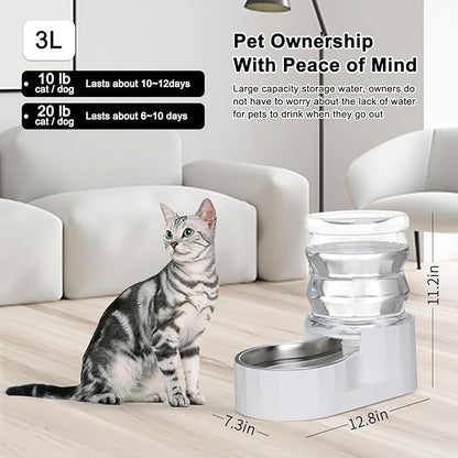 RIZZARI Gravity Water Bowl Dispenser for Cats: 4L White Automatic Stainless Steel Dog Feeder Without Filter - for 8-20LB Elderly Pets with Joint Spine Pain - for Kitchen Bedroom