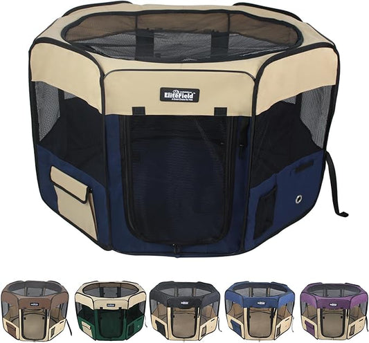 EliteField 2-Door Soft Pet Playpen (2 Year Warranty), Exercise Pen, Multiple Sizes and Colors Available for Dogs, Cats and Other Pets (52" x 52" x 32"H, Beige+Navy Blue)