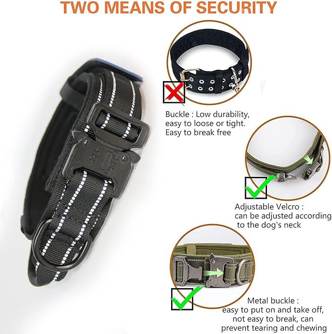 KCUCOP Tactical Dog Collar, Heavy Duty Dog Collar with Handle and Metal Buckle, Military Thick Dog Collars for Medium and Large Dogs(Black-M-Reflective, 1 Patch)