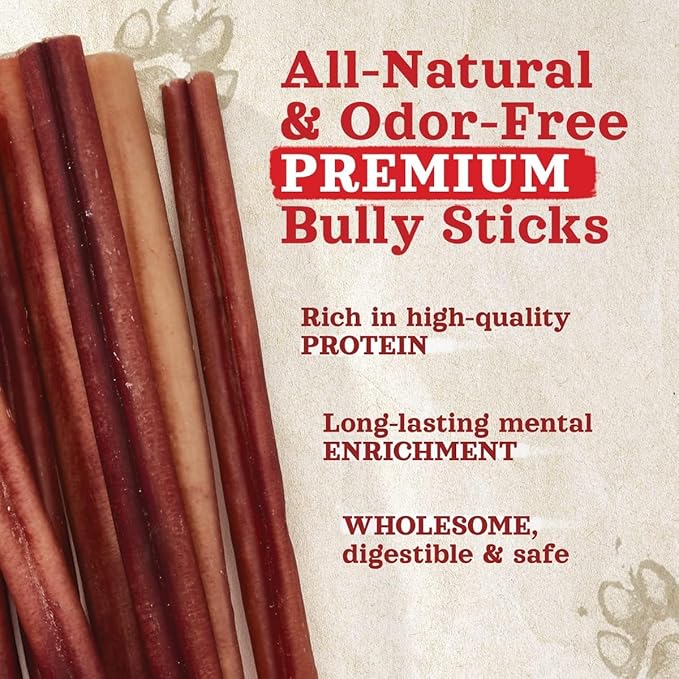 Natural Farm Odor-Free Thick Bully Sticks (12, 10-Pack) All-Natural Long-Lasting Dog Chews, 100% Beef Pizzle, Grass-Fed, Grain-Free, Protein for Muscle Development & Energy, Perfect for Large Dogs