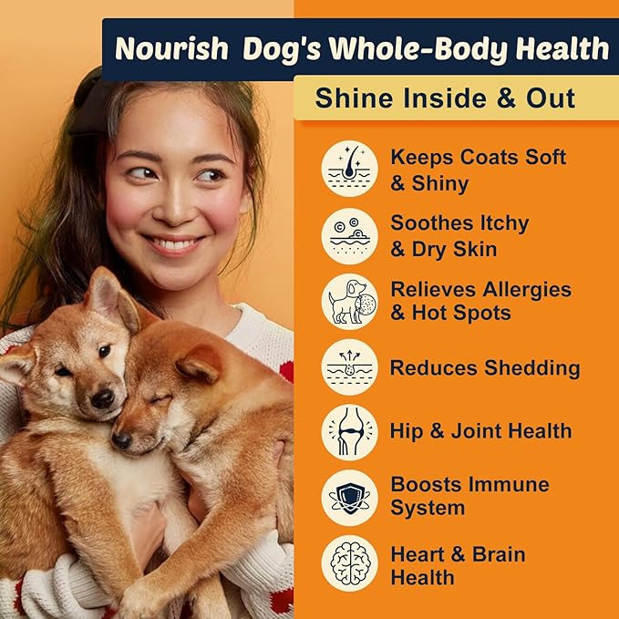 Omega 3 Fish Oil for Dogs, Salmon Oil for Dogs with EPA & DHA for Skin & Coat Health, Itch & Allergy Relief, Dog Shedding, Hot Spots Treatment, Joint Support, with Astaxanthin & Vitamin E