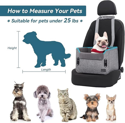 PETSFIT Dog Car Seats for Small Dogs, Portable Dog Booster Car Seat with Patent Safe Buckles, Clip-On Leash, Suitable for Small Pets Up to 25lbs (Grey)