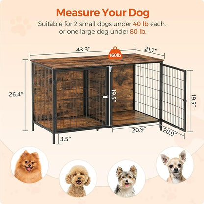 Dog Crate Furniture for 2 Dogs, 43.3" Dog Kennel with Removable Divider, Heavy Sturdy Dog Furniture Style Double Cage for Small Medium Dog, Indoor Pet House End Table, Rustic Brown DCHR1201