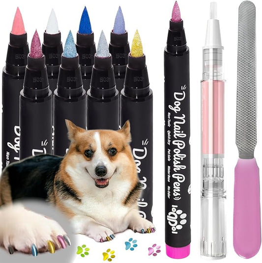 Dog Nail Polish Pens Quick-Dry Set  8 Metallic & Matte Colors Pawlish Pens, 1 Nail File with 1 Top Coat Pen  Non-Toxic, Easy to Apply, Pet-Safe Accessories for Small & Large Puppies & Cats
