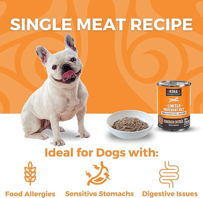 KOHA Limited Ingredient Diet Chicken Entrée for Dogs - Grain Free Wet Dog Food with No Fillers - Sesnsitive Stomach Chicken Dog Food - 13 oz Pack of 12