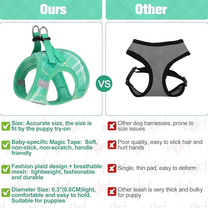 BEAUTYZOO Small Dog Harness and Leash Set,Step in No Chock No Pull Soft Mesh Dog Harnesses Reflective for Extra-Small/Small Medium Puppy Dogs and Cat, Plaid Dog Vest Harness for XS S Pet,Turquoise XXS