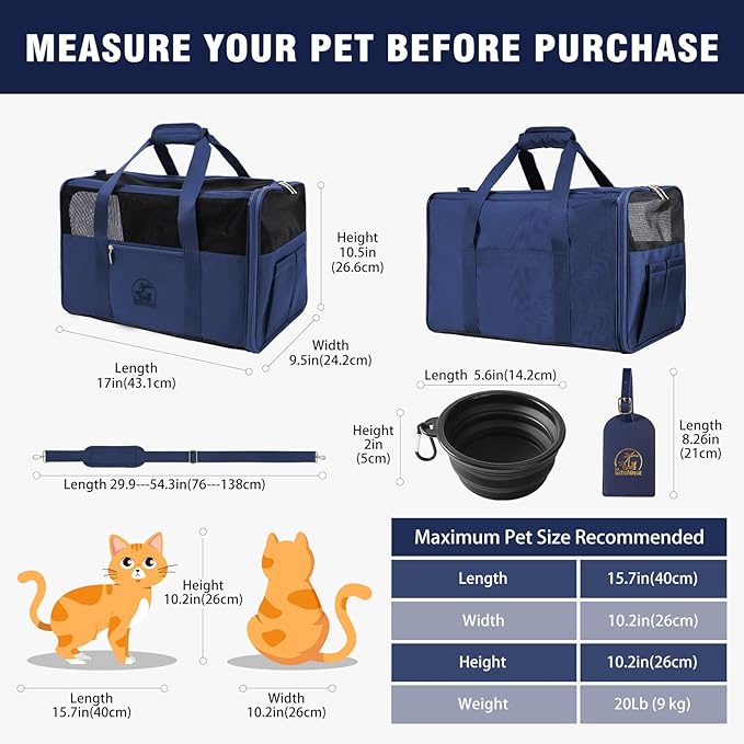 Luxury Pet Carrier for Dogs, Cats, Puppies - Airline TSA Approved, Durable Anti-Scratch Fabric, Soft-Sided, Consistent Airflow, Foldable Design, Cushion Pad, Travel (Navy Blue, Medium)
