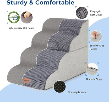 Dog Stairs for Bed - Pet Stairs for Small to Medium Dogs to Get on Bed and Couch, 35D Foam Dog Steps with Non-Slip Bottom Dog Ramp Grey, 4 Steps, 2-in-1 Connected by Zipper