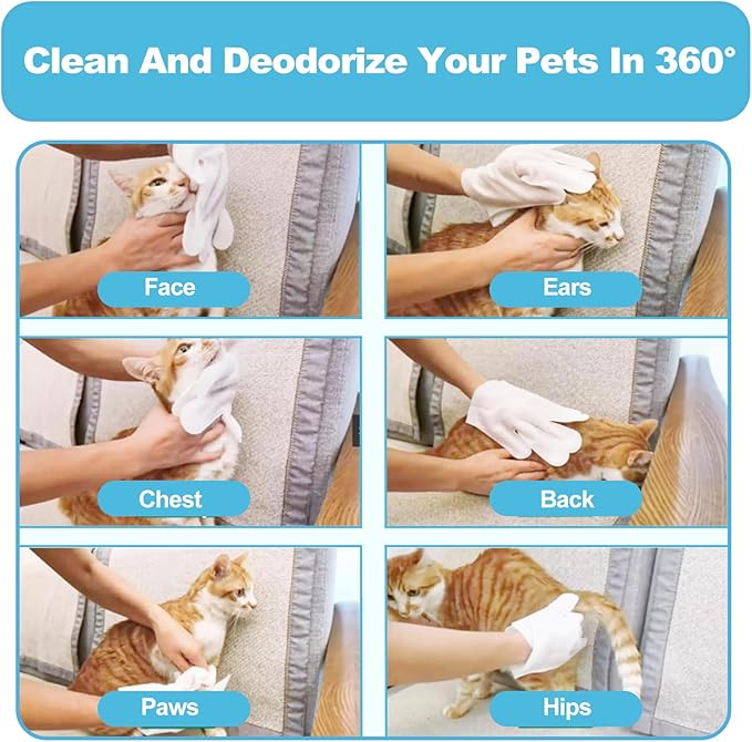 Pet Cleaning Glove Wipes for Dogs & Cats, Cleaning and Deodorizing Disposable Bathing Wipes for Fur, Paws and Butt, Hypoallergenic Unscented, 6 PCS