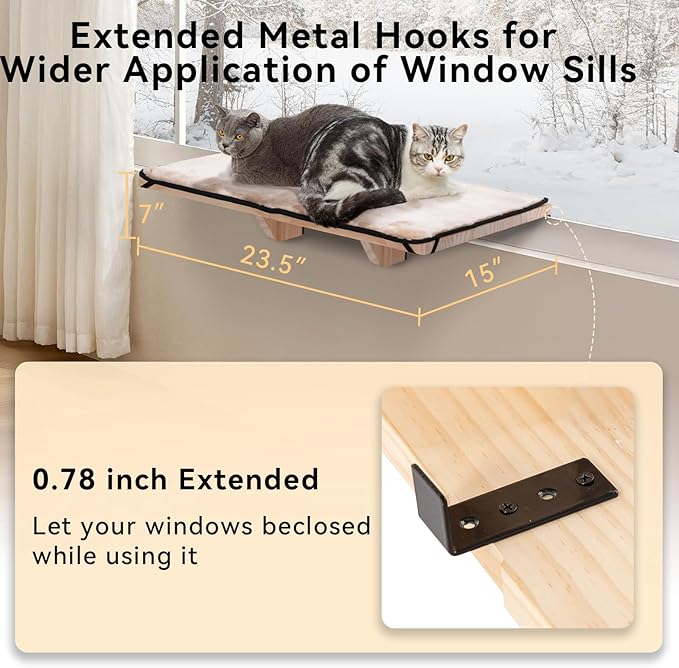 PETSFIT 2 Cats Design Window Perch, Cat Hammock Window Seat with Natural Wood &Removable Fleece Mat for Large Cats, Easy to Adjust&Assemble Cat Bed for Windowsill, Bedside and Drawer