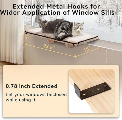 PETSFIT 2 Cats Design Window Perch, Cat Hammock Window Seat with Natural Wood &Removable Fleece Mat for Large Cats, Easy to Adjust&Assemble Cat Bed for Windowsill, Bedside and Drawer