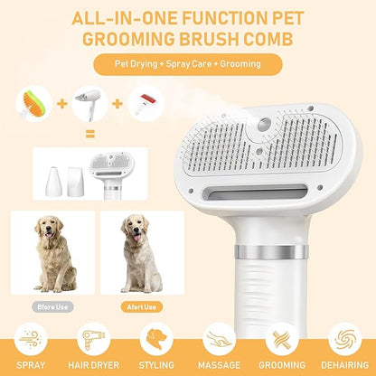 4-in-1 Pet Grooming Station: Steam Comb & Hair Dryer with Water Tank, 3 Heat Settings, Shedding Brush for Cats and Dogs, Home Washing Station, White