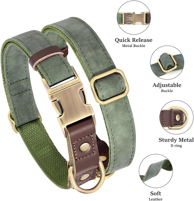 Didog Soft Padded Leather Dog Collar for Large Dogs, Classic Heavy Duty Dog Collars with Quick Release Metal Buckle, Adjustable Large Dog Collar Leather,Green,L