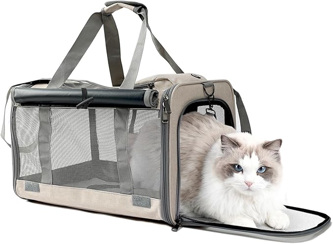 Pet Carrier for Large Cats,Soft-Sided Cat Carrier for Medium Big Cats or Puppy up to 20lbs,Washable Dog Carrier Privacy Protection for Home Outdoor Travel (Khaki)