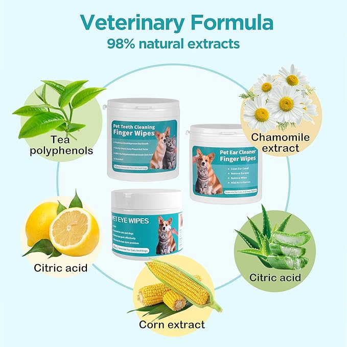 Dog Teeth Cleaning Wipes Dog Eyes Wipes Dog Ear Wipes Finger (3 Pack 200 Wipes) Pet Cleaning Wipes Kit,Dog Wipes Cleaning Deodorizing for Removing Plaque and Tartar & Ear Wax & Eye Secretions