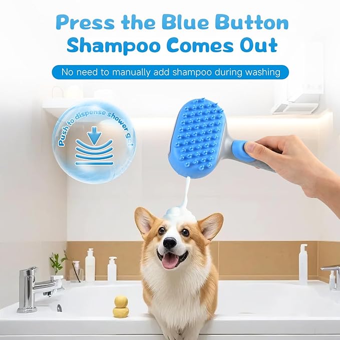 2 in 1 Dog Bath Brush, Soft Silicone Grooming Brush with Handle Shampoo Dispenser Shower Brush for Short Long Hair Dogs Cats Washing Massaging (Blue)