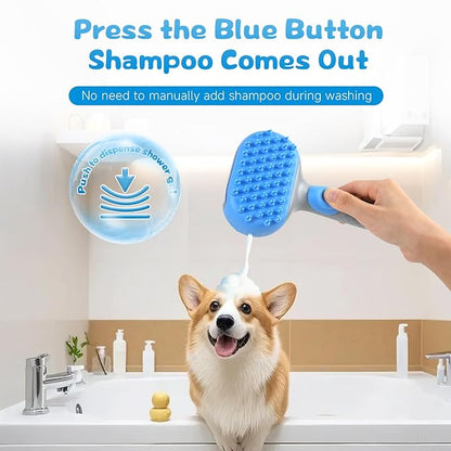 2 in 1 Dog Bath Brush, Soft Silicone Grooming Brush with Handle Shampoo Dispenser Shower Brush for Short Long Hair Dogs Cats Washing Massaging (Blue)
