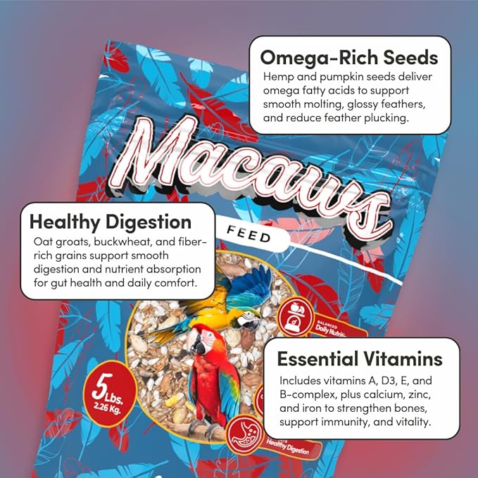 Mycelium Organic Macaw Bird Food (5 LB Bag) | Premium Seed, Pellet & Kibble Blend for Large Parrots | High-Protein, Digestive & Feather Support | Non-GMO, USA-Grown