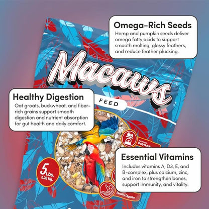 Mycelium Organic Macaw Bird Food (5 LB Bag) | Premium Seed, Pellet & Kibble Blend for Large Parrots | High-Protein, Digestive & Feather Support | Non-GMO, USA-Grown