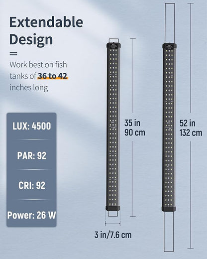 Pawfly 28W Aquarium LED Light for 36 to 42 Inch Extendable Fish Tank Light with Full Spectrum Brilliant White Blue Red Lights with Daytime & Night Modes Timer Auto On/Off Adjustable Brightness