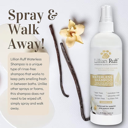 Lillian Ruff Waterless No-Rinse Dog Dry Shampoo Spray with Hydrating Essential Oils - pH-Balanced Dry Shampoo for Dogs - Clean, Condition, Detangle & Deodorize Dry, Sensitive Skin (Vanilla)