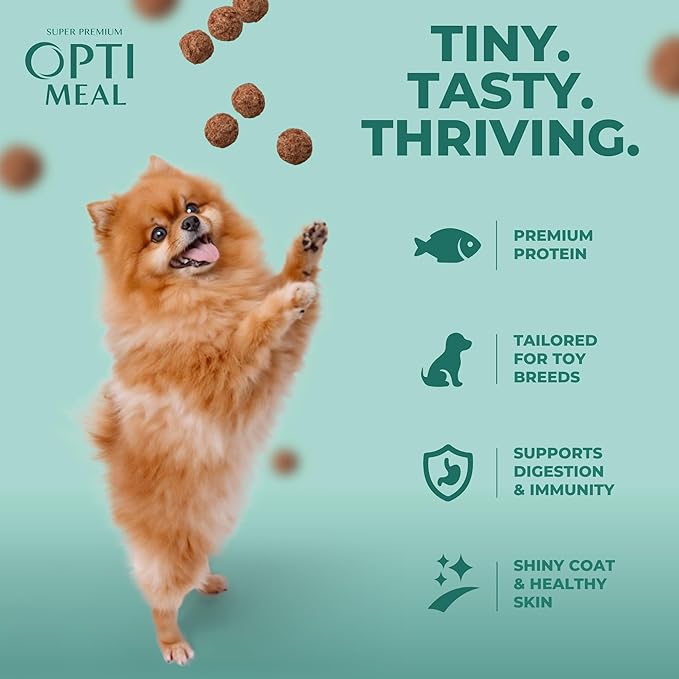 Optimeal Toy Breed Dry Dog Food  Small Kibble for Small Dogs, High Protein, Natural Ingredients, Skin & Digestive Support, Premium European Nutrition  Salmon & Brown Rice, 3.3 lbs