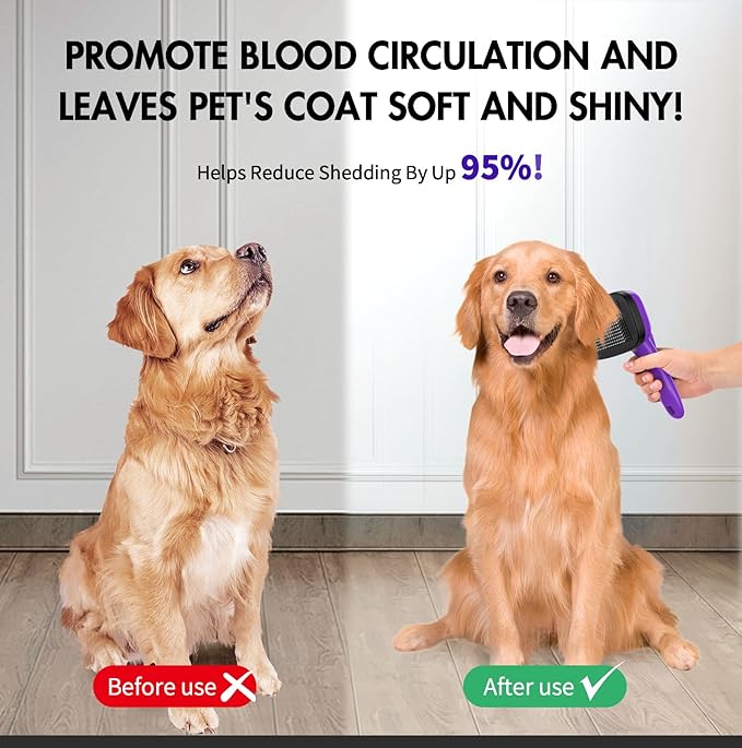 5 PCS Dog Grooming Brush Kit  Self Cleaning Slicker Brush for Shedding Short & Long Haired Dogs & Cats. Removes Loose Fur, Undercoat, Mats, Tangles for Small, Medium & Large Pets. Purple