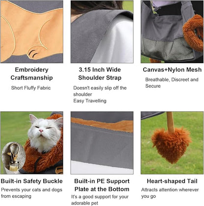 Dog Carrier Sling Lion-Shaped Pet Canvas Bag Cat Shoulder Bag Pet Body Holder for Daily Use Walking Travel Outdoor, Dark Grey L