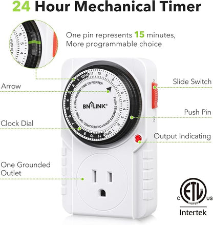 BN-LINK 24 Hour Plug-in Mechanical Timer Grounded for Aquarium, Grow Light, Hydroponics, Indoor Lighting, Home Appliances, ETL Listed 125VAC, 60 Hz, 1875W, 15A, 1/2HP (2 Pack)