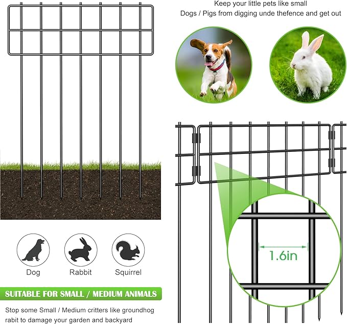 25 Pack Animal Barrier Fence, 17 in(H) X 27 Ft(L) No Dig Garden Decorative Fencing, Rustproof Metal Wire Panel Garden Fence Border for Dog Rabbits Ground Stakes Fence and Outdoor Landscape Patio