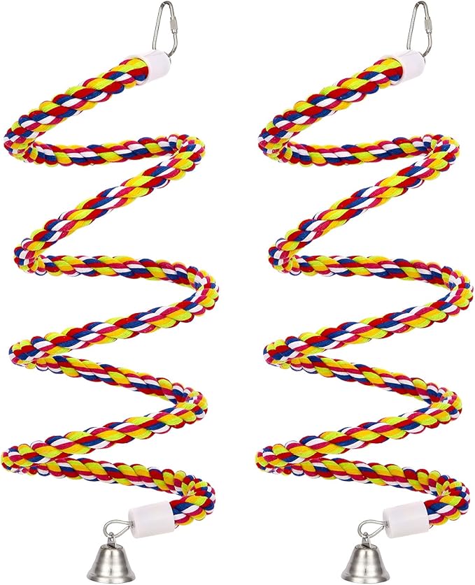 2Pcs 43'' Bird Rope Perches Birdcage Swing Toys 100% Cotton Natural Bird Perch Peck/Chewing with Bell Climbing Standing Bungee Parrot Toys for Small to Regular Size Parrot Cockatiel Birds