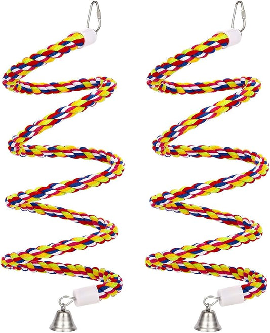 2Pcs 43'' Bird Rope Perches Birdcage Swing Toys 100% Cotton Natural Bird Perch Peck/Chewing with Bell Climbing Standing Bungee Parrot Toys for Small to Regular Size Parrot Cockatiel Birds