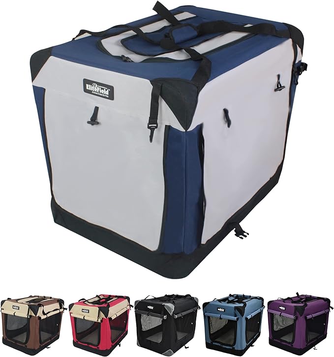 EliteField 4-Door Folding Soft Dog Crate with Curtains, Carrying Bag and Fleece Bed (2 Year Warranty), Indoor & Outdoor Pet Home (36" L x 24" W x 28" H, Navy Blue +Gray)