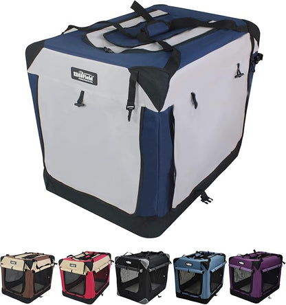 EliteField 4-Door Folding Soft Dog Crate with Curtains, Carrying Bag and Fleece Bed (2 Year Warranty), Indoor & Outdoor Pet Home (30" L x 21" W x 24" H, Navy Blue+Gray)