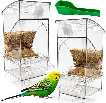 Hamiledyi 2Pcs No Mess Bird Feeder Automatic Bird Cage Feeder Transparent Acrylic Parrot Seed Food Container with Perch for Parakeet Finch Lovebirds Budgies Canary