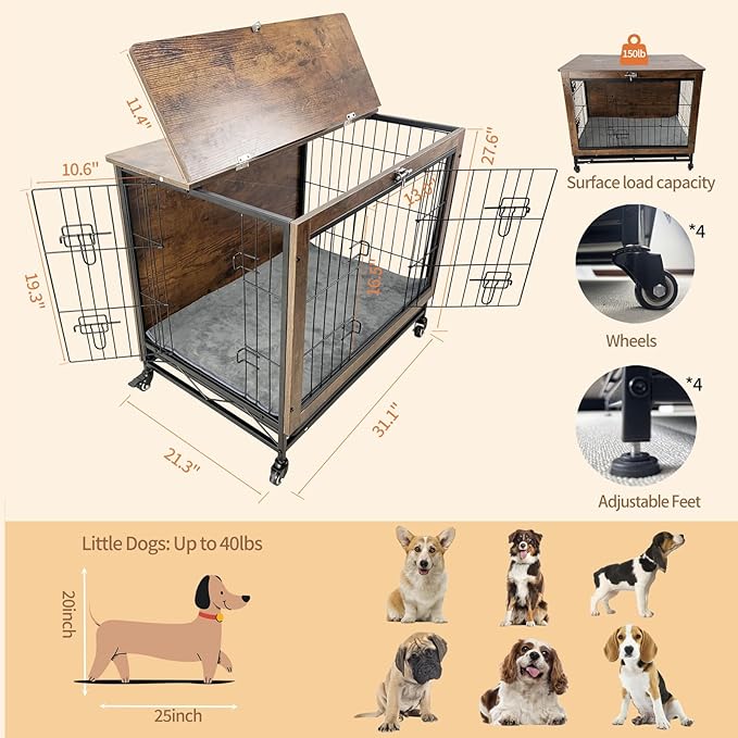 Dog Crate Furniture for Medium Dogs, Decorative Wooden Dog Kennel Cage House Indoor for Puppy Pet with Tray Cushion Foldable Top, Storage Playpen, End Side Table, Medium,31" L,Rustic Brown
