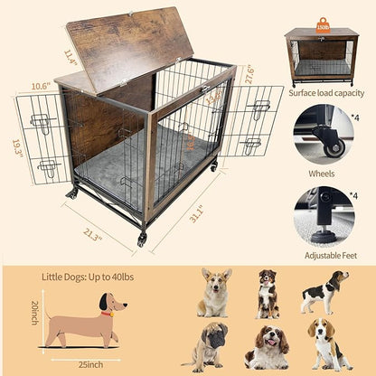 Dog Crate Furniture for Medium Dogs, Decorative Wooden Dog Kennel Cage House Indoor for Puppy Pet with Tray Cushion Foldable Top, Storage Playpen, End Side Table, Medium,31" L,Rustic Brown