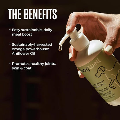 WagWell Ahiflower Omega Oil - Vet-Formulated Skin, Coat, Hip and Joint Supplement for Dogs - Plant-Based Omega 3, 6 and 9 Supplement - Natural Non-GMO Dog Omega Oil, 8 fl.oz. Pump Bottle