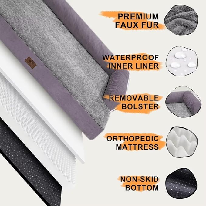 Orthopedic Large Dog Bed Washable, Orthopedic Dog Bed with Washable Removable Cover, XLarge Orthopedic Dog Beds for Large Dogs, Waterproof Pet Beds and Non-Slip Bottom, Extra Purple Large Dog Bed