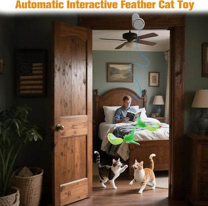 Interactive Cat Toys for Indoor Cats Automatic Electric Flying Bird Feather Cat Toy - Best Kitten & Adult Cat Enrichment Toy Stick-on Hanging Electric Kitty Toys for Bored Cats