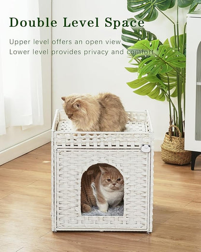 Cat Beds for Indoor Cats Extra Large Double Cat Cave Pet Cube, Handwoven Rattan Cat Houses with Double-Sided Soft Cushions, 18.5 x 20.5 x 19.1 Inches Foldable Hideaway in Living Room White
