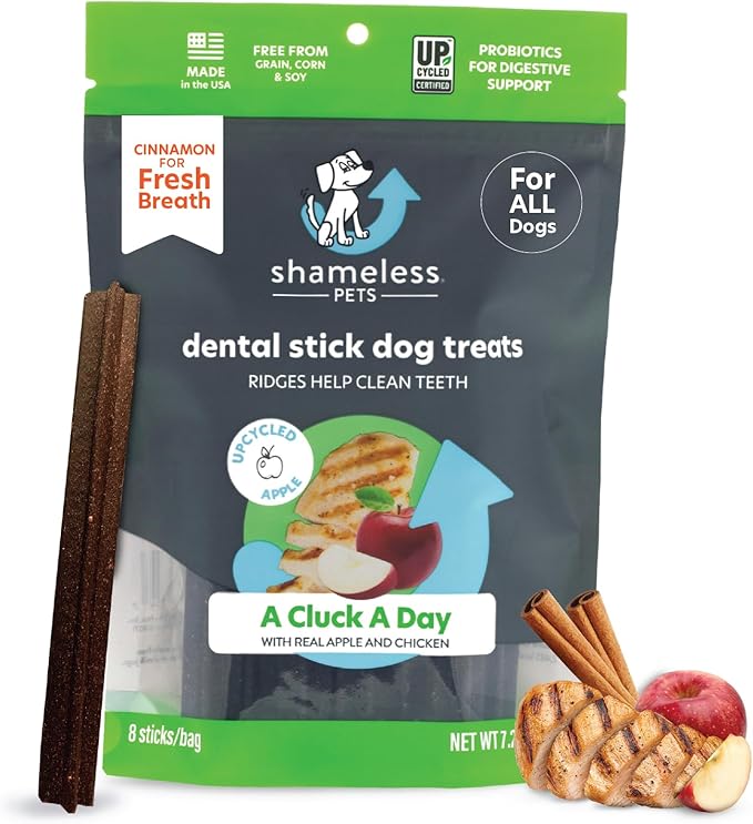 Shameless Pets Dental Treats for Dogs, A Cluck A Day - Healthy Dental Sticks with Digestive Support for Teeth Cleaning & Fresh Breath - Dog Bones Dental Chews Free from Grain, Corn & Soy