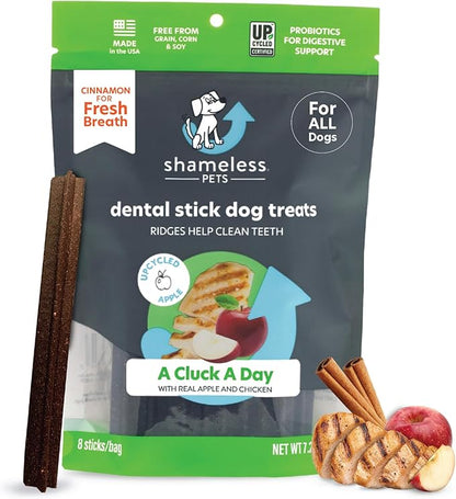 Shameless Pets Dental Treats for Dogs, A Cluck A Day - Healthy Dental Sticks with Digestive Support for Teeth Cleaning & Fresh Breath - Dog Bones Dental Chews Free from Grain, Corn & Soy